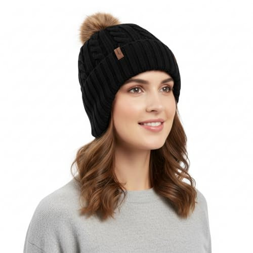 Comhats Merino Wolle Fleece gefüttert Ohrklappe Warme Pompom Mode Kaltes Wetter Beanie Frauen