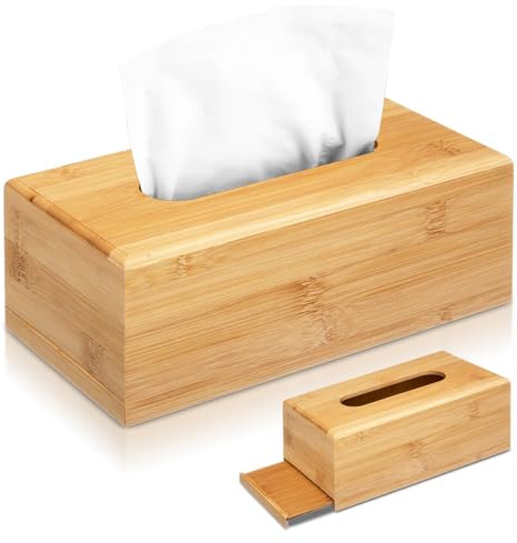 Taschentuchbox, Bambus-Tissuebox-Hülle – Wasserabweisende rechteckige Holz-Tissuebox mit Schiebeboden – 23 x 12 x 8 cm Holz Kosmetiktücher Box (Natürliche Holzfarbe)