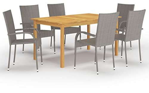 QJBSAVVA Gartenmöbel Set 7tlg Essgruppe 150x90 cm Akazienholz Esstisch mit 6 stapelbaren Stühlen Grau Gartengarnitur Modernes Design Robust und Langlebig für Balkon Terrasse Garten