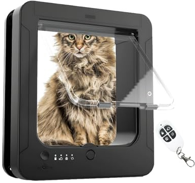 Chatière À Puce - Porte Électronique pour Animaux À 4 Sens avec Télécommande Et 2 Colliers Capteurs | Ouverture À Battant pour Chats - pour Intérieur Extérieur Mur Patio Balcon Maison