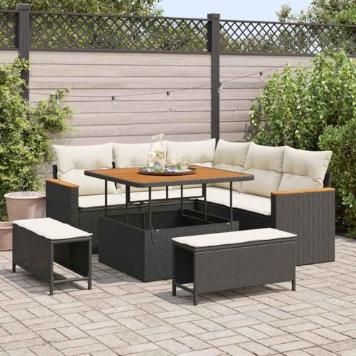 Frdhee Gartensofa Gartenlounge Set,Garten-Sofa-Set mit Kissen mit Speicher Schwarz Poly Rattan,Eckbankgruppe für Innen und Außen
