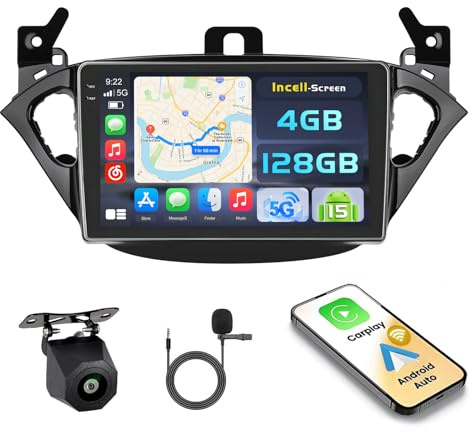 Ohradio 4G+128G Android 15 Radio Coche Opel Corsa 2015-2019 9 CarPlay | También para Opel Adam 2013-2016. Android Auto Inalámbrico. BT. GPS. WiFi. FM/RDS. Cámara+MIC. Incell Touchscreen
