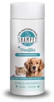Shampet Trockenshampoo für Hund & Katze 100g – Sanftes reinigendes Pulver ohne Wasser, mit angenehmem Duft, entfernt Schmutz & überschüssigen Talg, einfache Anwendung für gepflegtes Fell (Vanille)