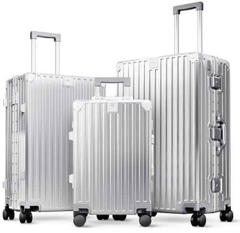 ALPHA CAMP Kofferset 3 Teilig Größe M L XL Reisekoffer Leicht Hartschalenkoffer Polycarbonat Luggage Suitcase mit Rollen TSA Schloss & Aluminium Rahmen Handgepäck Silber