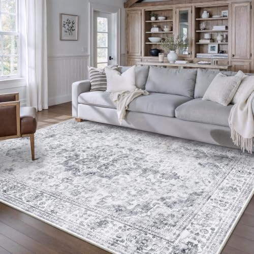 PureCozy Vintage Waschbarer Teppich Wohnzimmer 140x200cm Grau rutschfest | Wohnzimmerteppich Rutschfest Carpet,Weich,Teppiche Schlafzimmer Bettvorleger Küche Büro Tepich Kurzflor Groß Rug
