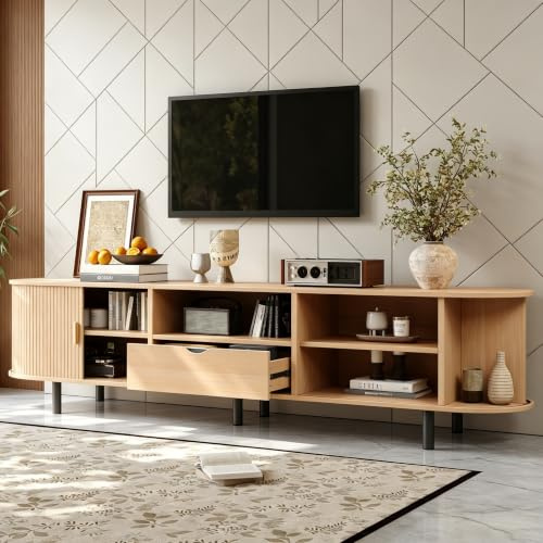 VIVCA Fernsehtisch, moderner, 175x40x55cm, lowboard, TV-Schrank mit Runddesign und Rollo-Tür, aus MDF, bis 50 kg belastbar, mit Schublade & offenen Fächern für Wohnzimmer, Naturholzfarbe, Natürlich