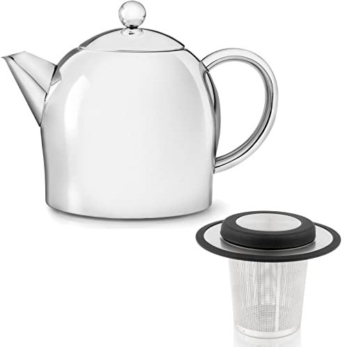 Bredemeijer Teekanne Set 0.5 Liter - Edelstahl glänzend doppelwandig - Kleiner Teebereiter mit Tee-Filter-Sieb-Aufsatz für losen Tee