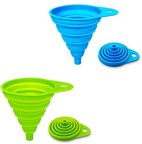 ddLUCK 2 Pack Silicone Collapsible Funnel, Flexible/Foldable/Kitchen Funnel for Water Bottle Liquid Transfer Narrow and Wide Mouth Funnels Hopper(Green and Blue)