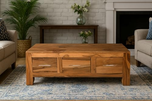 Oak and Pine Online Solid Sheesham Wood 3 Drawer Coffee Table | Cube Petit Dark Rosewood Living Room Furniture | Handcrafted Hardwood Storage Coffee Table with Drawers for Modern & Rustic Interiors.