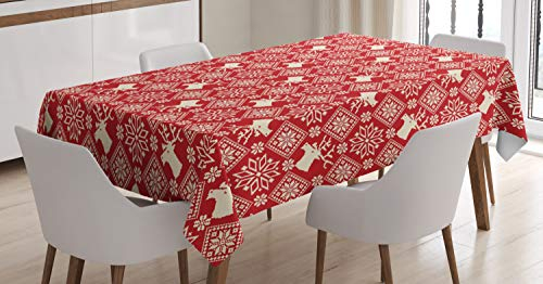 ABAKUHAUS nordisch Tischdecke, Northern Rentiere Flora, Personalisierter Druck mit Klaren Farben Waschbar Wasserfest kein Verblassen, 140 x 200 cm, Beige Rot