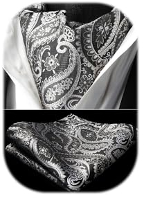 HISDERN Krawattenschal Silber Herren Paisley Hochzeit Ascot Krawatte Taschentuch Business Blumen Halstuch und Einstecktuch Set