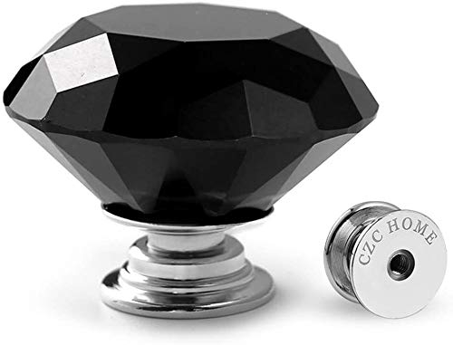 CZC HOME 10pcs 40mm Crystal Glass Door Drawer Knobs Diamond Cut Drawer Handles with 3 Sizes Screws for Cupboard Cabinet Wardrobe Home Decorating, Black