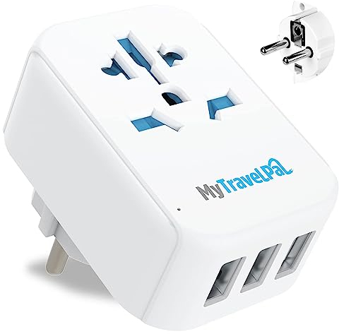 MyTravelPal UK to Europe Travel Adapter With 3 USB Ports | UK Safety Standards | UK to European Plug Adapter with USB | World to Euro EU Adapter Plug | Germany France Spain Portugal Turkey etc