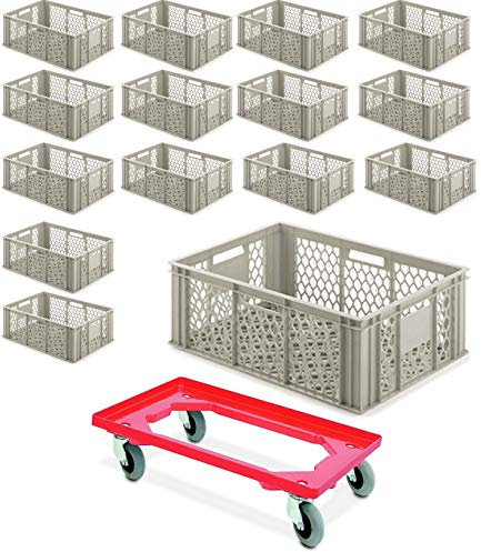 BRB 15x Eurobehälter durchbrochen 600x400x220 mm, 42,5 Liter, kieselgrau + 1 Transportroller mit Flüsterrollen