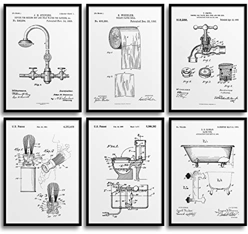 MONOKO® Poster Badezimmer Bilder - stilvolle Wandbilder Toilette - WC - 6er Set ohne Rahmen (Set WC, Patent, weiss, 6x A4 (21 x 29,7cm))