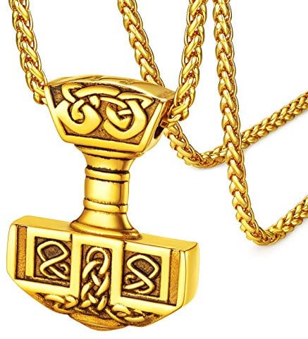 FaithHeart Nordic Viking Jewelry Womens Gold Mjolnir Necklace Vintage Norse Thors Hammer Pendant Talisman of Protection Accessories Stainless Steel Chain 55cm+5cm