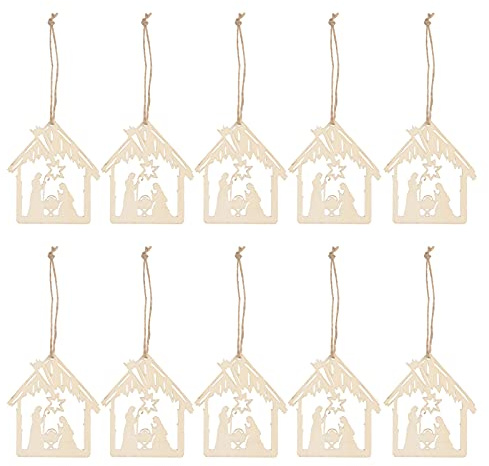 Amosfun Jesus Holz Anhänger Geburt von Jesus Muster Holz Verzierung Christus Krippen Hängend Ornamente Religiöse Holz Scheiben mit Hanf Seil für Baum Wand Fenster Tür Dekoration 20 Stück