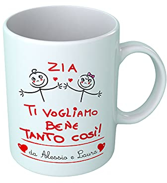 Overthetee Tazza Personalizzata con Nomi - Maschietto e Femminuccia - Zia Ti Vogliamo Bene Tanto Così - Idee Regalo Zii