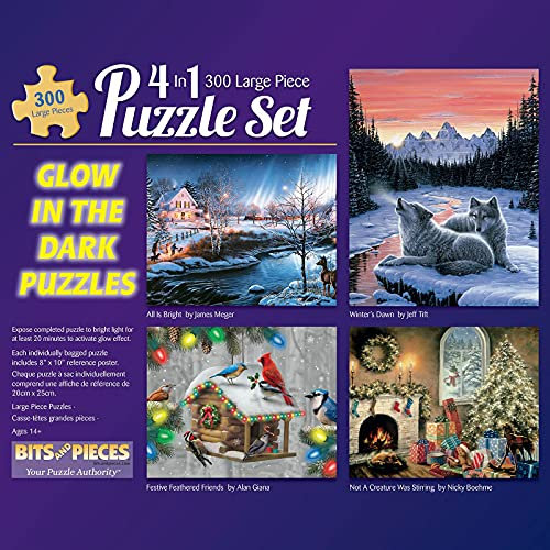 Bits and Pieces - Multipack 4-in-1 Glow Puzzle Set 300 Piece Jigsaw Puzzles for Adults - Each Puzzle Measures 46cm x 61cm- Winter Nature Holiday Glow Jigsaws by Artist Alan Giana