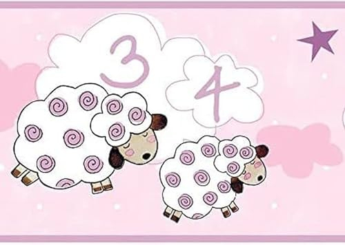 CONCORD WALLCOVERINGS ™ Kinder-Tapete, Bordüre, Schaf, für Spielzimmer, Kinderzimmer, Rosa, Weiß, 4,5 m x 15,2 cm YS9164BD