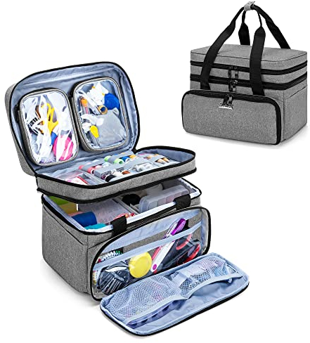 BAFASO Doppelschicht Nähset Tasche, Nähzubehör Organizer Tasche mit Groß Raum und Viel Fächer, Nähaufbewahrung Tasche für Häkelnadel, Nähgarn und Nähwerkzeuge, Grau (Ohne Zubehör)