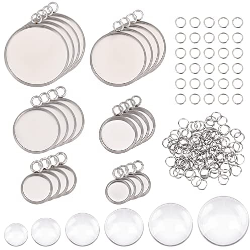 UNICRAFTALE Kit per la creazione di ciondoli Piatto Rotondo in Acciaio Inossidabile con Cornice per Ciondolo e di cabochon con Toppa in Vetro Trasparente semitondo