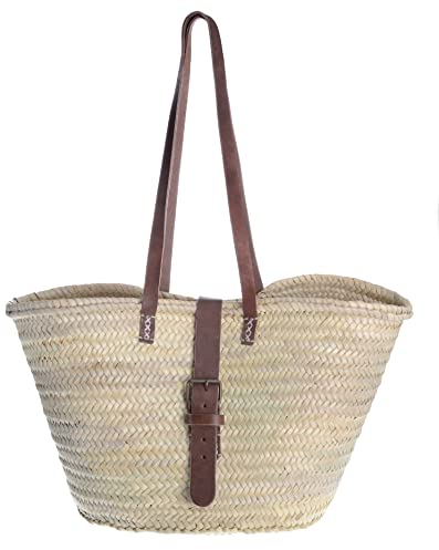 Afrikan Bags - Bolso Capazo de Palma | Bolso de Palma de Base Oval con Cierre Cinturon y Asa de Cuero Redonda en Cuero Marrón - 50 x 27 x 28 cm