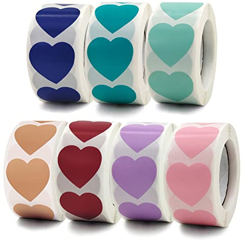 3500 Stück Herz Aufkleber Selbstklebende, Selbstklebende Geschenkaufkleber, Exquisite Herz Klebeetiketten, für Geschenktüten, Umschläge, Bäckerei-Geschenktüten, 500 Stk/Rolle, 7 Farben