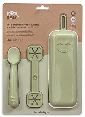 Set Porta cubiertos con cuchara y sujeta baberos de silicona, verde oliva