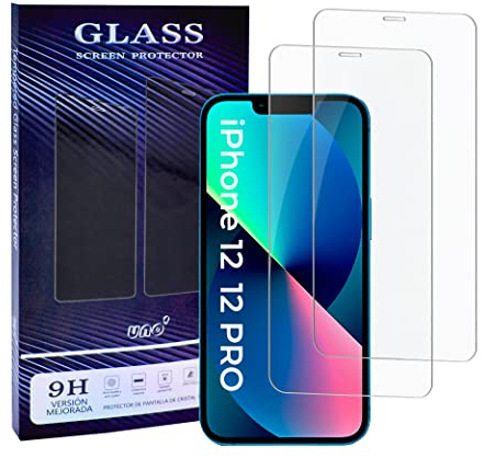 UNO' - 2 unités de protection d'écran en verre trempé compatible avec iPhone 12 et iPhone 12 Pro, verre trempé ultra résistant sans bulles, 9H, transparent