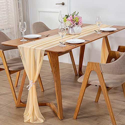 Swsen 2 Stück Chiffon Tischläufer Champagner 300 x 30 cm, Hochzeit Tischläufer Waschbar - Romantischer Hochzeitsläufer für Hochzeit, Geburtstag, Brautdusche, Babyparty, Tischdekoration