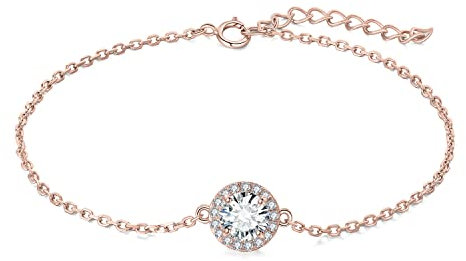 JewelryPalace 1.255ct Halo Bracelet Taille Rond Moissanite 925 Femme, Reglable Plaqué Or Rose Bracelet Chaine Fin Pierre Fille, Ensemble Parure de Bijoux Cadeau Anniversaire