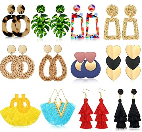 FUNEIA 9/12 Paar Statement Ohrringe Set für Damen Frauen Boho Rattan Harz Acryl Tropfen Hängend Ohrringe Geometrische Große Quaste Creolen Strandohrringe Modeschmuck (Mehrfarbig A12)