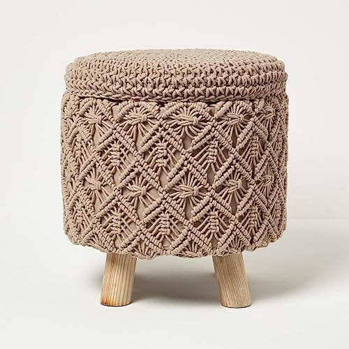 Homescapes Indy Makramee-Hocker mit Stauraum braun 41x43 cm, Stoff-Hocker mit Holzbeinen, runder Hocker Boho Style
