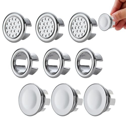 ROMOLY 12 PCS Embellecedor Lavabo Agujero - Evita desbordamientos! Anillos de plástico para fregaderos con Tapa Redonda y Orificio Hueco - ¡Fácil instalación (Plata)