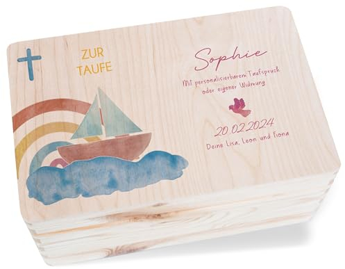 Holz Holzkiste - Geschenkbox Taufe | Erinnerungsbox Taufe | Taufgeschenke Baby - 30 x 20 x 14 - Holz - zur erinnerungsboxen für babys tauf taube erinnerungskiste schatzkiste junge taufgeschenk
