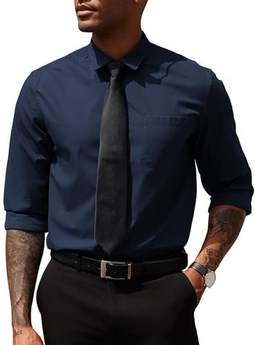 COOFANDY Mens Business Dress Shirt Casual Button Down Long Sleeve Shirts Regular Fit Solid, Navy Blue, 3XL