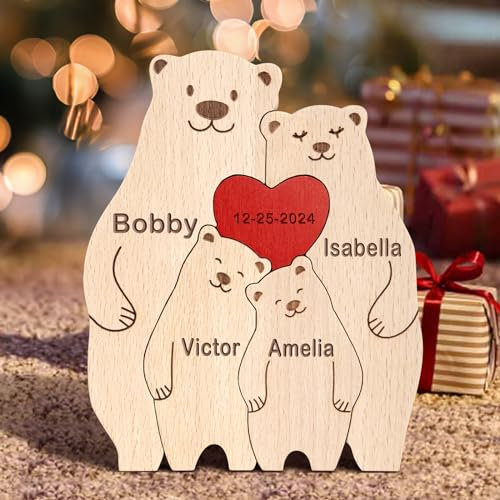 Personalisiertes Holzkunstpuzzle der Bärenfamilie mit 1-8 Namen,Holz Bär Tier Skulpturen Desktop Ornament Heim Büro Tischdekoration Ideen Geschenk für Weihnachts Jubiläum Muttervatertag Geburtstag