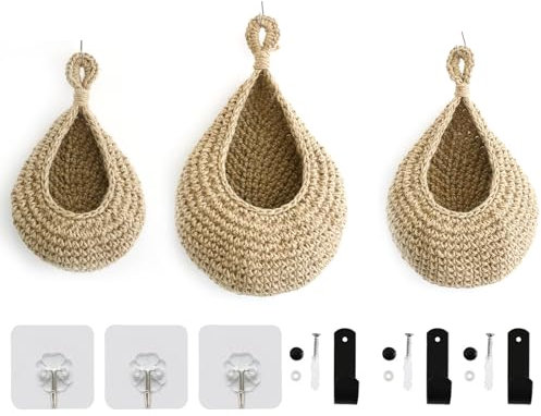 Gevvnss Hängekorb 3 Stück, Hängekorb Hängend Wandkorb, Geflochten, Braun, Beige, Juteseil, Bohemian, Rustikal, Rechteckig, Ohne Stiel, Für Küche, Wohnzimmer, Bad