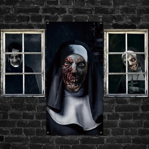 Fanfanwin Halloween-Fenster-Tür-Dekorationsset, gruselig, Geist, Nonne, Zirkus, Clown, Totenkopf, Poster, Vorhang, gruselige Halloween-Fenster-Silhouette für drinnen und draußen, Party-Dekoration