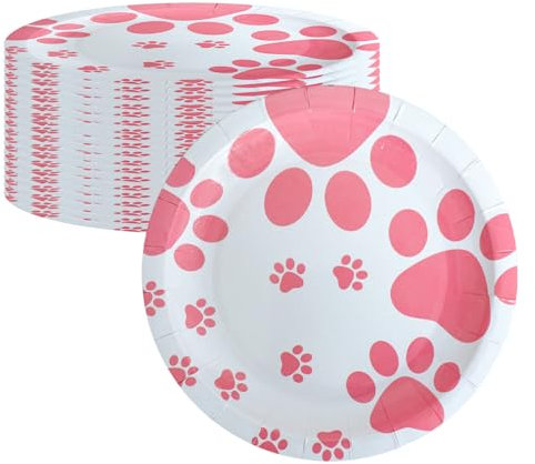 20PCS Pink/Black Dog Paw Tableware Set, Doggy Paw Print Party Decorations, 7 Plate Paper Plates, Napkins, Cup for Kids Birthday Dinnerware Set, Serves 20 Guests