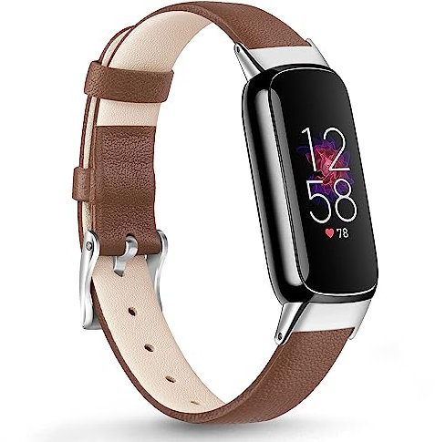 Vancle Leather Band Compatible with Fitbit Luxe Bands, Leather Strap Adjustable Wristband Replacement Band for Fitbit Luxe/Luxe Special Edition Fitness Tracker for Women Men (Brown)