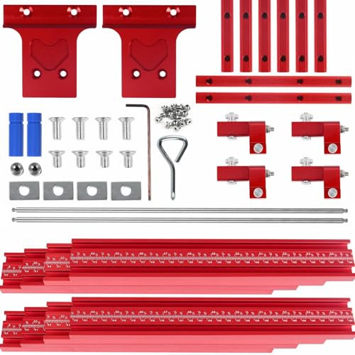 Updated Version Parallel Rail Guide System, Woodworking Track Saw Guide Rail Joining Set Aluminium Alloy Circular Saw Track Set Fixed Guide Rail Bracket Universal T-Track Auxiliary Tool (Red)