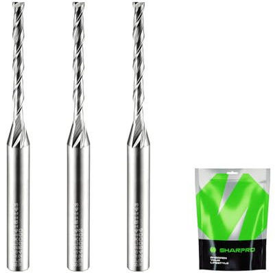 SHARPRO Extra Long Spiral Upcut Router Bit 1/4 Inch Shank 1/8 Inch Cutting Dia. 1-1/4 Inch CL. 3 Inch OVL. Carbide Upcut CNC Router Bit for Wood Cutting, Engraving and Plunging Applications (3PCS)