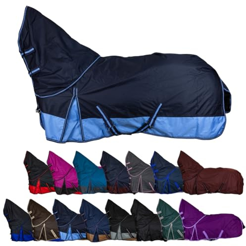 RL24 - Weidedecke Full Neck Basicline 600D Blau/Babyblau 145 cm (200g/m²) | Nylonfutter mit Füllung – Pferde Winterdecke – wasserdichte Outdoordecke mit Kreuzbegurtung – Pferdedecke