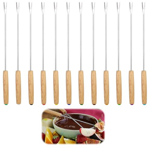 12 Stück 24CM Edelstahl Fondue Gabeln Set - Fonduebesteck mit Holzgriff, Fonduespieße, für Schokoladenfondue, Käsefondue & Grillen, Bunte Griffmarkierungen