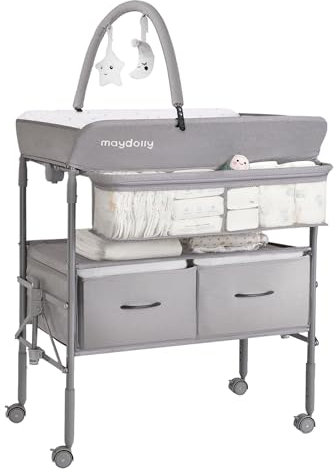 Maydolly Table à Langer Portable pour Bébés, Table à Langer Pliable Multifonctionnelle, Réglable en Hauteur avec Roulettes et 2 Paniers de Rangement, Coussin Étanche pour Changer Bébé, Gris(Max.15kg)