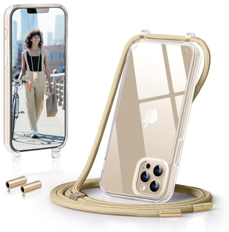 GOODVISH Handykette Kompatibel mit Apple iPhone 13 Pro 6,1 Display, Necklace Hülle mit Band Handyhülle für zum Umhängen, Transparent Case mit Schnur Kameraschutz und Bildschirmschutz, Gelb