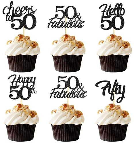 Sotpot Cupcake-Topper zum 50. Geburtstag, Hello 50 Cheers to 50 Years Cupcake-Picks für 50. Geburtstag, Jahrestag, Party, Kuchendekoration, schwarzer Glitzer, 30 Stück