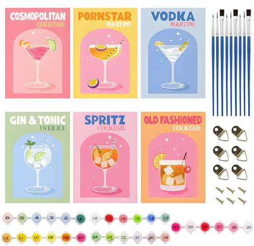 6 Stück Malen Nach Zahlen Erwachsene,Malen Nach Zahlen Cocktail,DIY Handgemalt Acrylic Öl Leinwand, für Home Wand, mit Acrylfarbe und 9 Pinseln,für Erwachsene und Anfänger als Geschenk